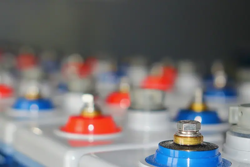 Terminals on a row of industrial battery cells